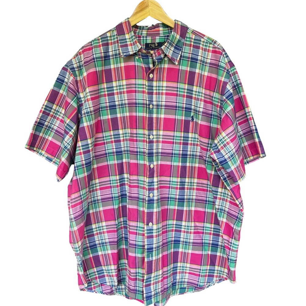 Polo Ralph Lauren Button Down Shirt Mens 2XB Pink Madras Plaid Pony Logo 2X Big